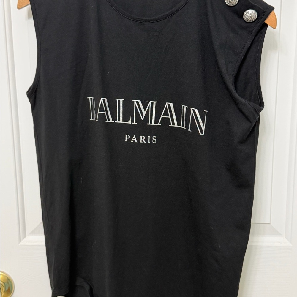 Balmain Black Tee with Silver Buttons